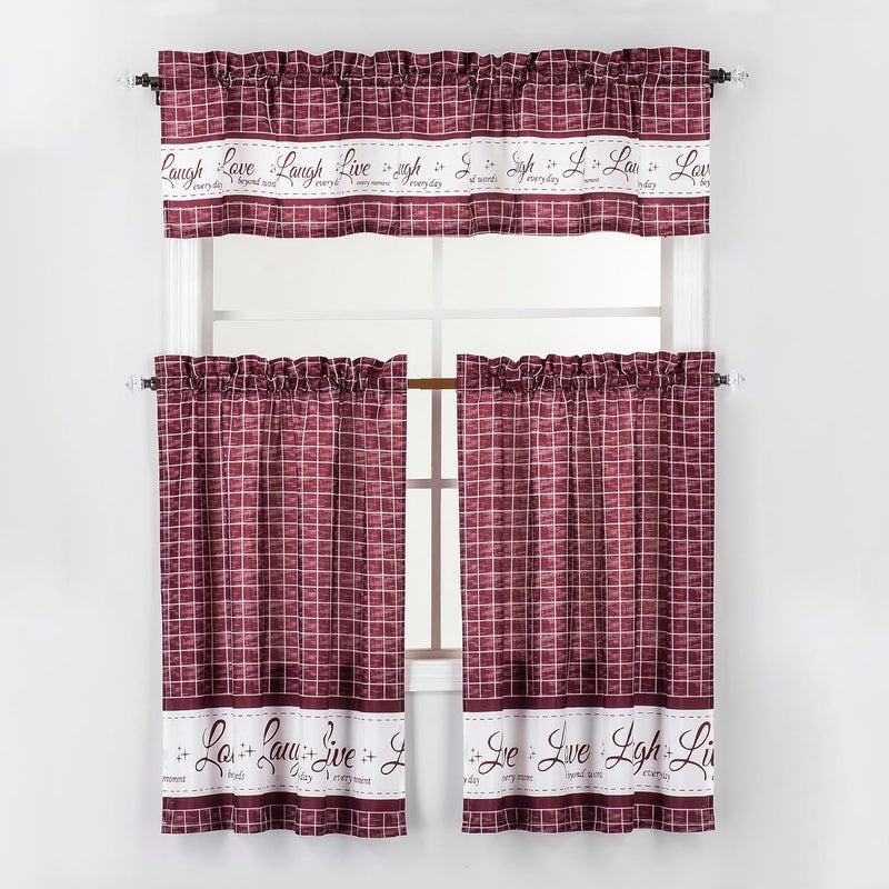 Decotex 3 Piece Live Love Laugh Gingham Check Plaid Kitchen Window Curtain Tiers and Valance Set (Burgundy, 36" Tiers with 14" Valance) - Image 1